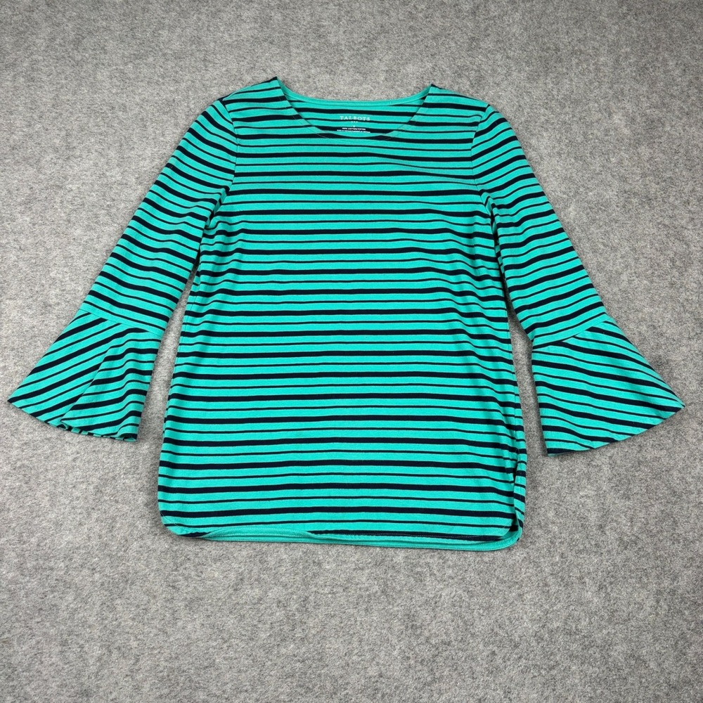 Talbots Striped Bell Sleeve Top Womens Small Teal Black Crew‎ Neck Cotton Preppy